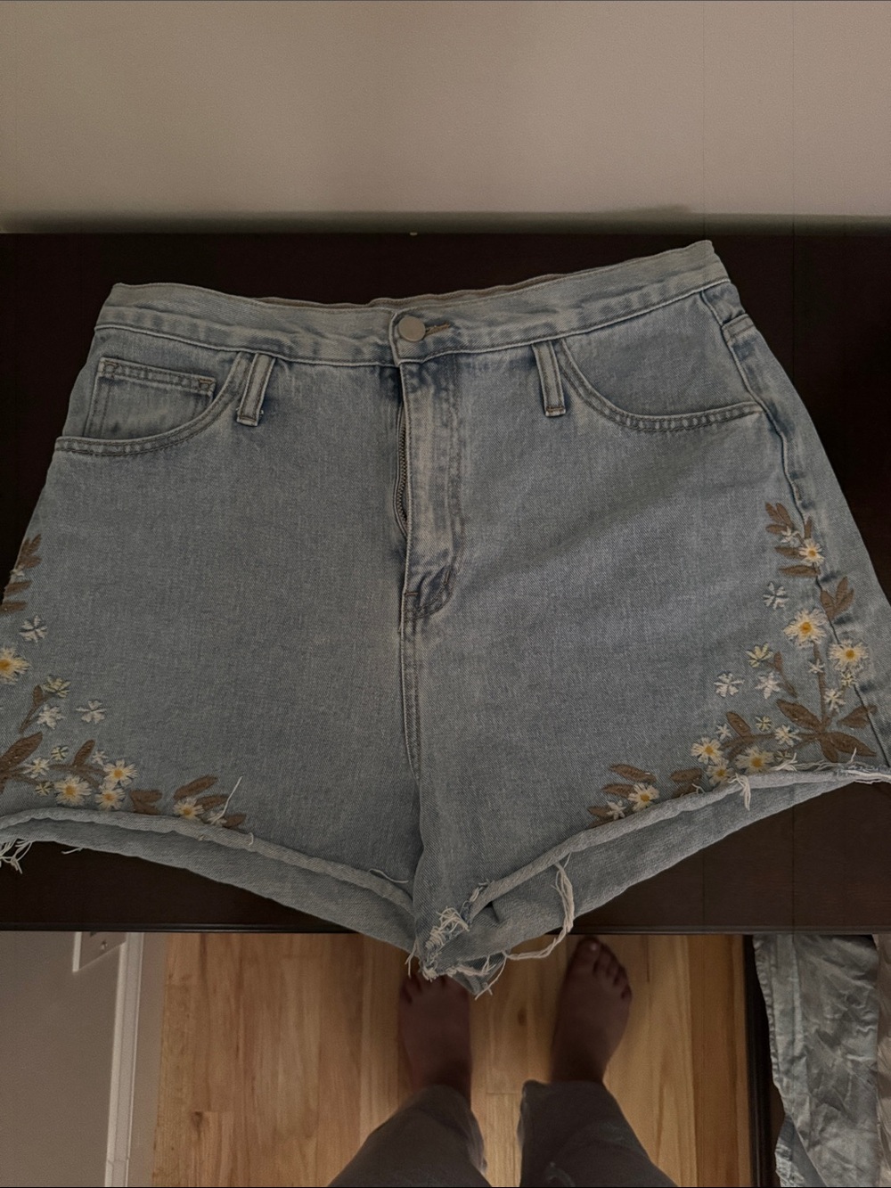 DRIFTWOOD Light Blue Denim Shorts with Floral Embroidery